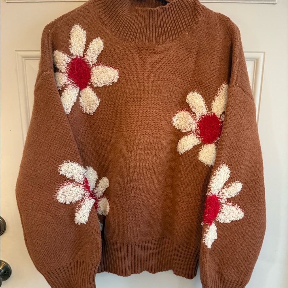 Pink Lily Brown Daisy Knit Sweater